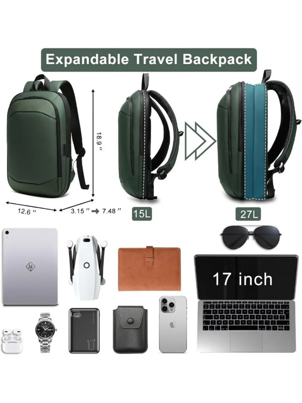 Slim Expandable Waterproof Business Backpack with USB Charger, Anti-Theft Laptop